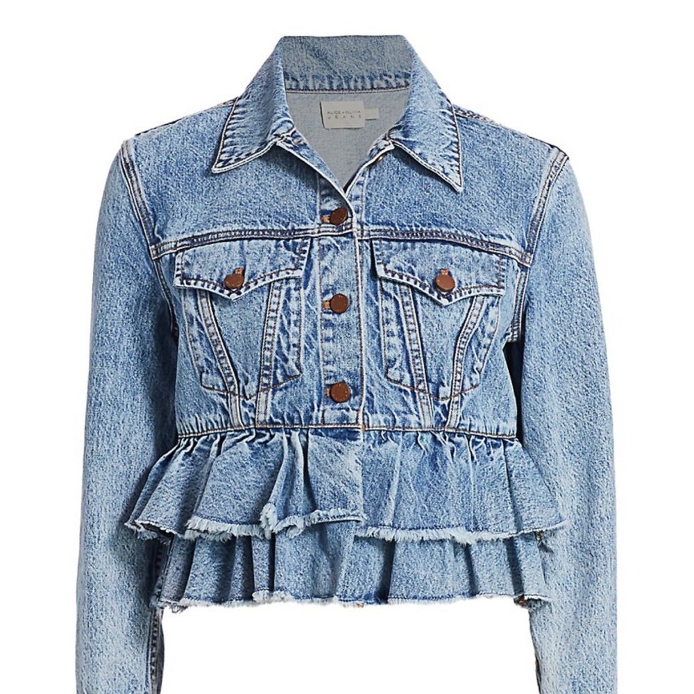 Alice + Olivia Fringed Peplum Cropped Denim Jacket